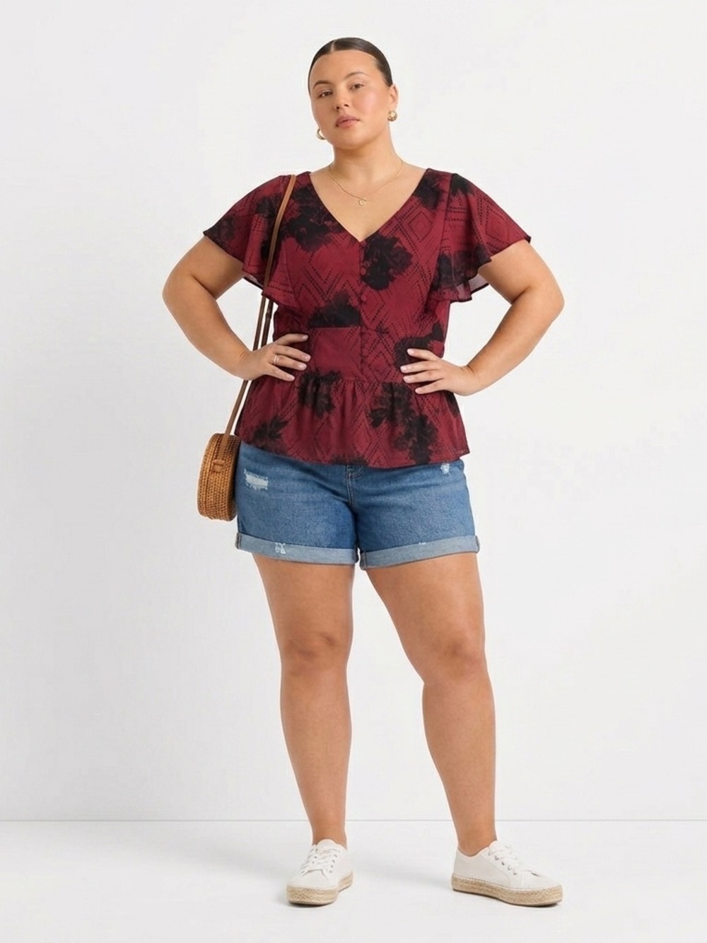 Addition Elle Burgundy Peplum Flutter Sleeve Blouse Size 14 NWT Brand New